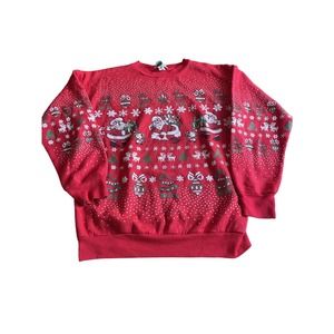 Vintage Santa Christmas Sweatshirt Medium Red 90s All Over Print Pullover
